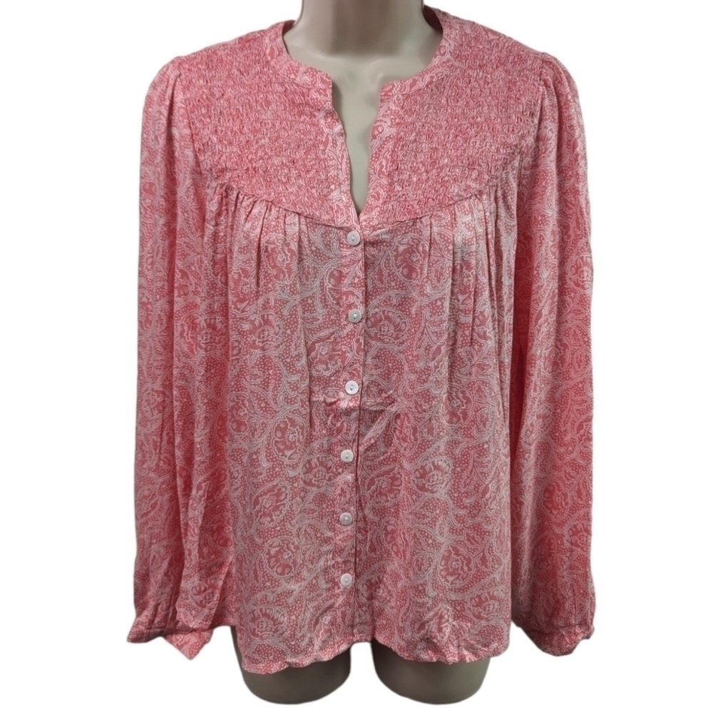 Lucky Brand Printed Button Down Pintuck Top Sz XS